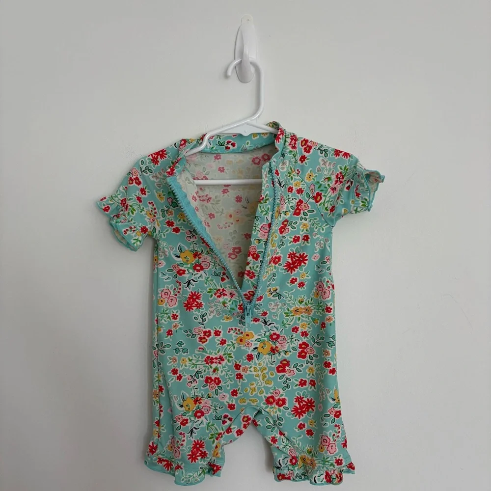Charm Leaks Baby Swimsuit Romper Zipper 12-18 months Blue Floral Print UPF 50+